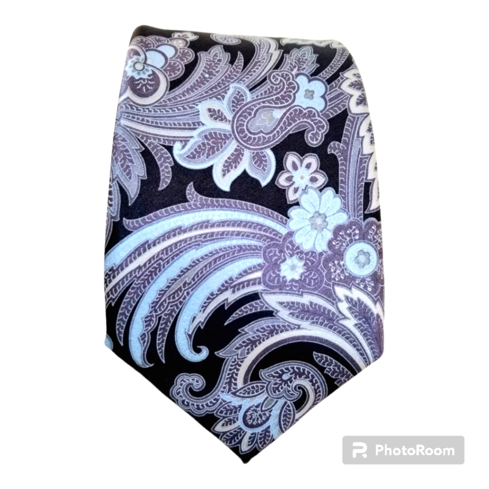 Valentino   Black, Sky Bue, Silver Gray Floral Print Silk Neck